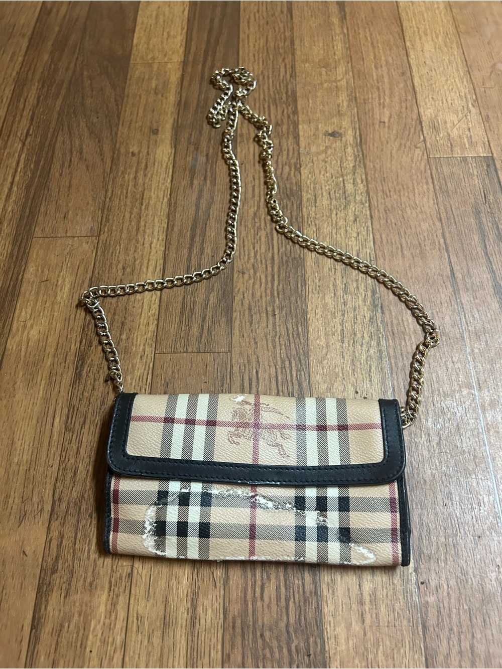 Burberry Classic Plaid Crossbody Wallet with Chain Strap - Beige/Black